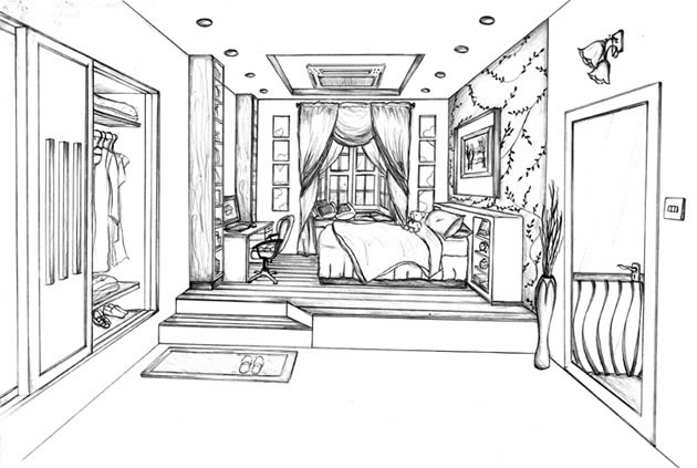 Line Drawing Of Bedroommodern Design3d Rendering Stock Illustration -  Download Image Now - Domestic Room, Bedroom, Line Art - iStock